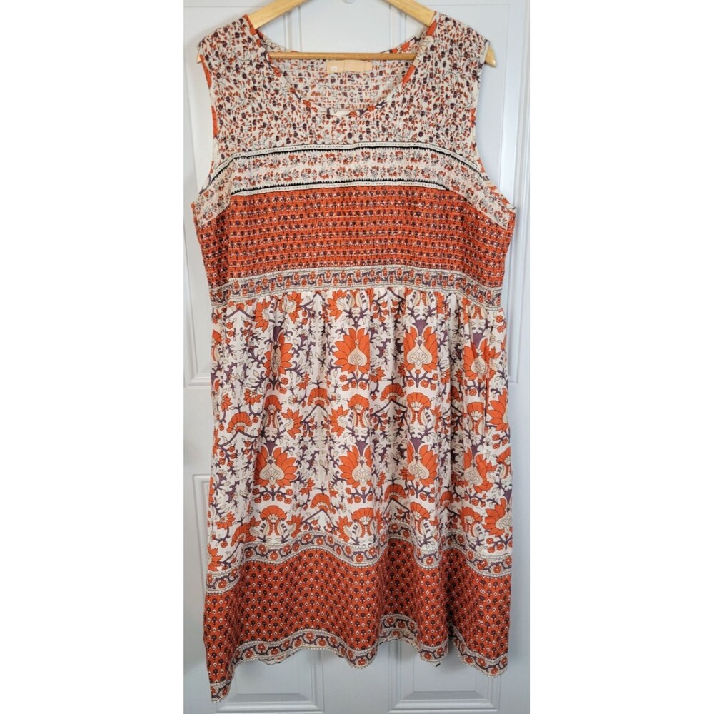 La Cera Plus Size Sleeveless Midi Dress Size 1X Boho 100% Cotton Natural Fabric